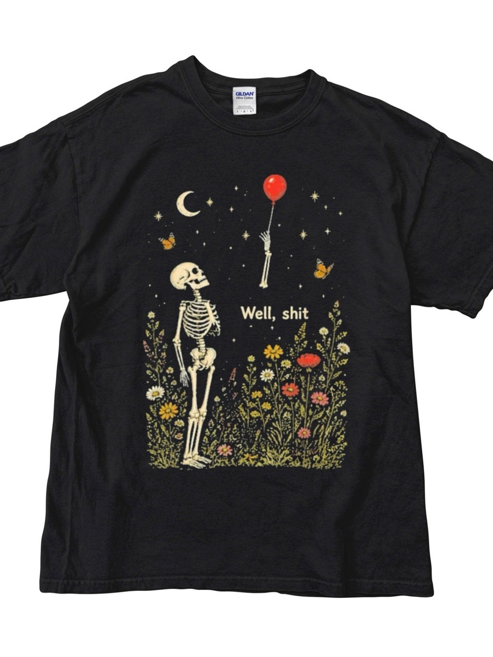 Gildan Black Graphic Skeleton Balloon Tee with Floral Scene